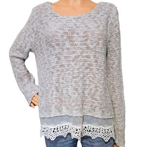 Wmns XL Gray Open Knit Sweater With Crochet Trim Y2K COTTAGECORE FAIRYCORE 2001